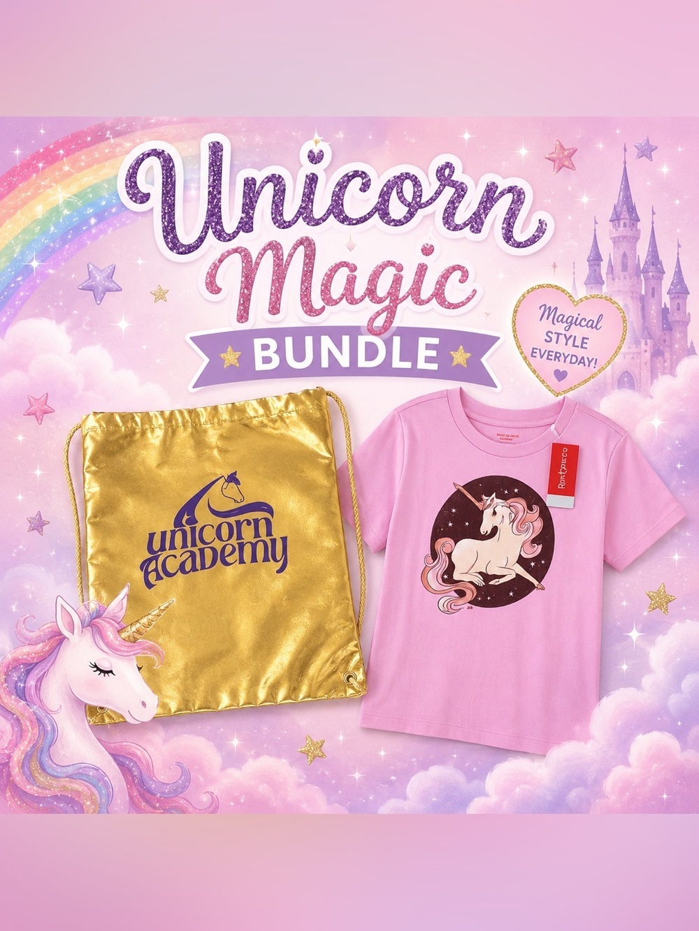 Unicorn Academy Gold Drawstring Backpack & Unicorn Tee Bundle NWT Girl Sz 10/12